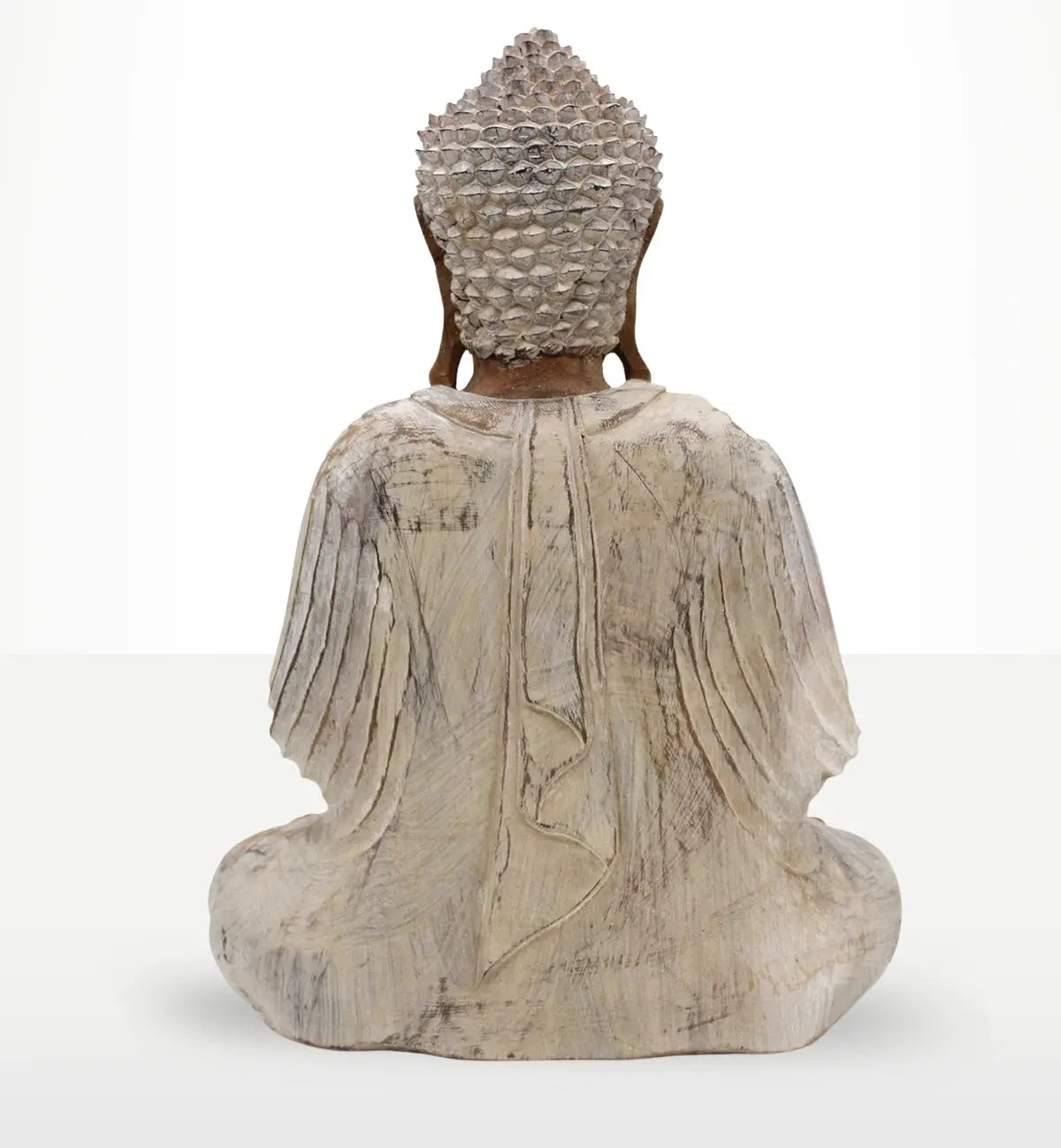 Back view of a Buddha Statue Whitewash - 40cm Teaching Transmission with detailed textured hair and carved robe folds, showcasing a serene and rustic resin Buddha decor piece.