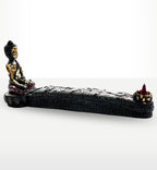 Antique Buddha - Incense Burner & Box featuring a hand-carved Buddha statue seated at one end, with intricate floral carvings along the length and an incense cone holder on the opposite side.