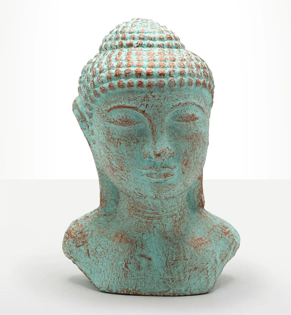 Tranquility Buddha Head - Green Copper sculpture with a serene expression and textured finish, perfect as a hand carved Buddha statue for calming decor.