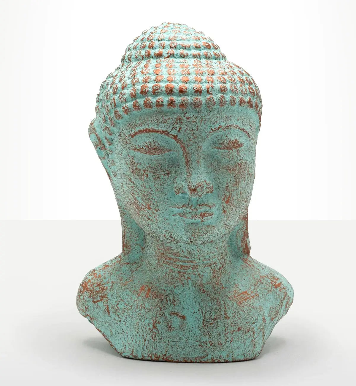 Tranquility Buddha Head - Green Copper sculpture with a serene expression and textured finish, perfect as a hand carved Buddha statue for calming decor.