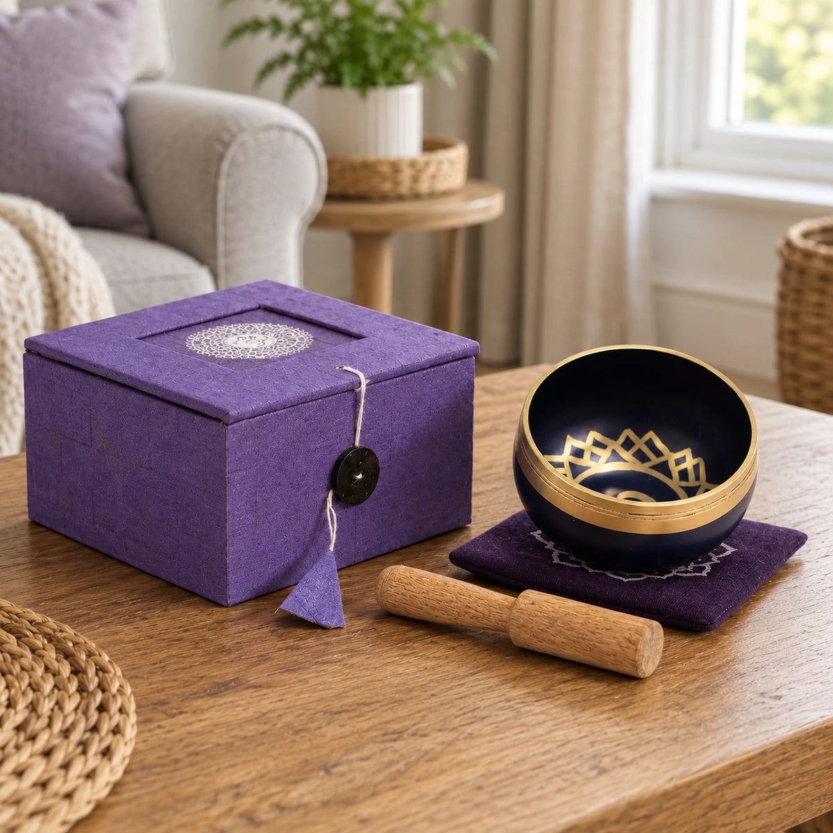 Crown Chakra Singing Bowl Gift Set in a bright British sitting room