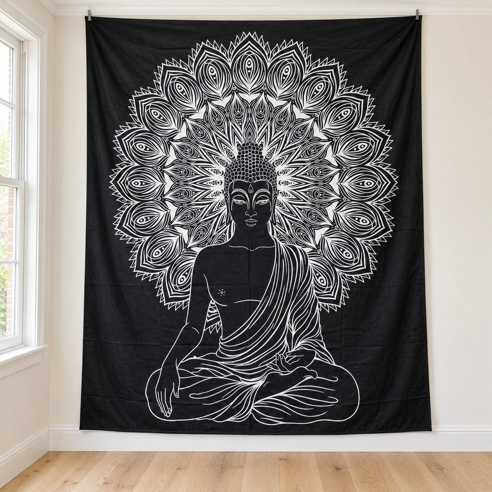 B&W Double Cotton Bedspread + Buddha Wall Hanging Art Canvas