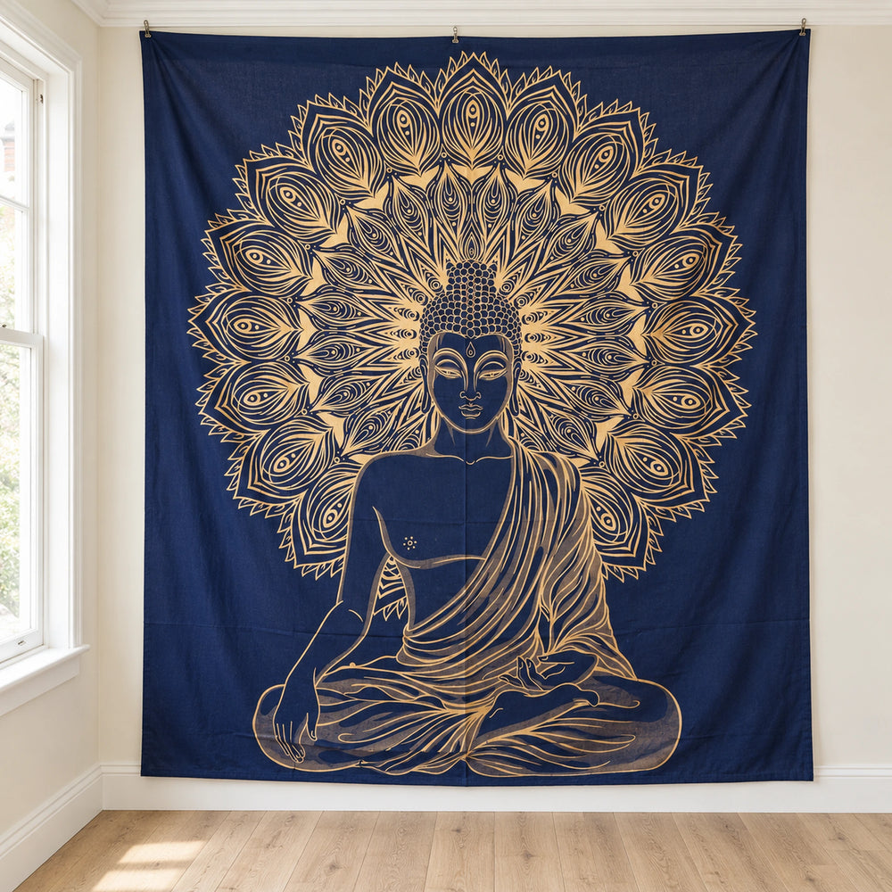 Double Cotton Bedspread + Buddha Wall Hanging Art Canvas - Blue Gold