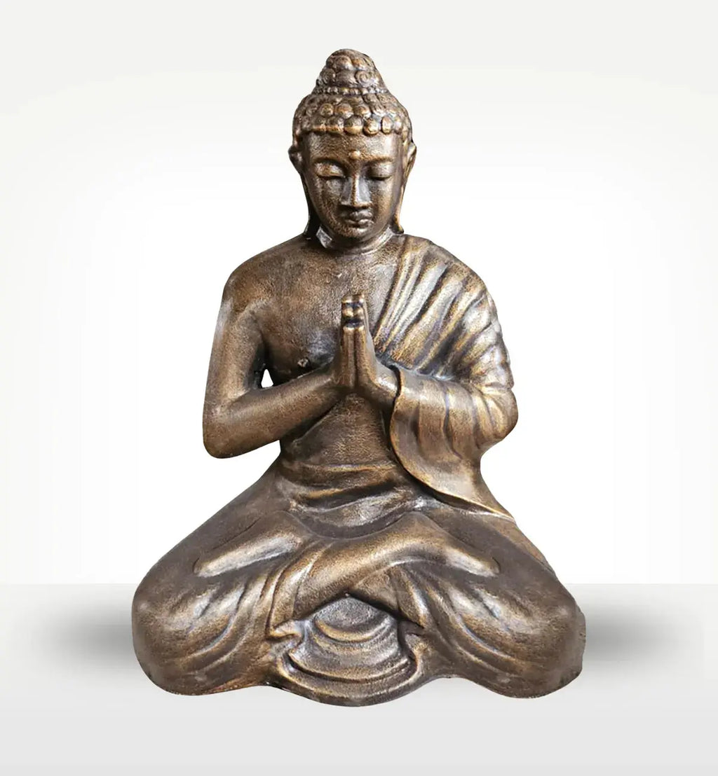 Med Large Antique Gold Praying Buddha Statue - 1.2m Tall in a serene meditative pose with hands pressed together, crafted in antique gold finish ideal for Buddha decor and spiritual spaces.