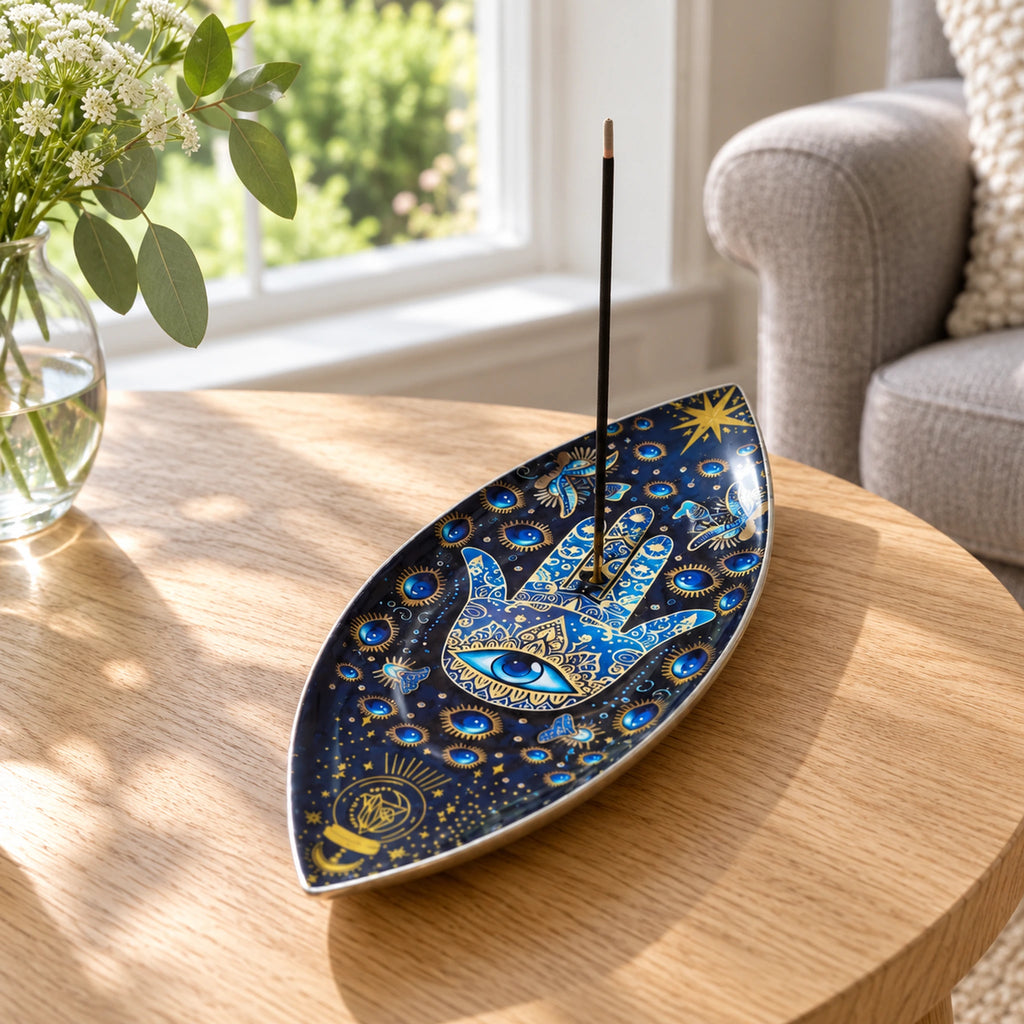 Enamel Incense Bowl - Polished Aluminium - Blue Hamsa in a bright British sitting room