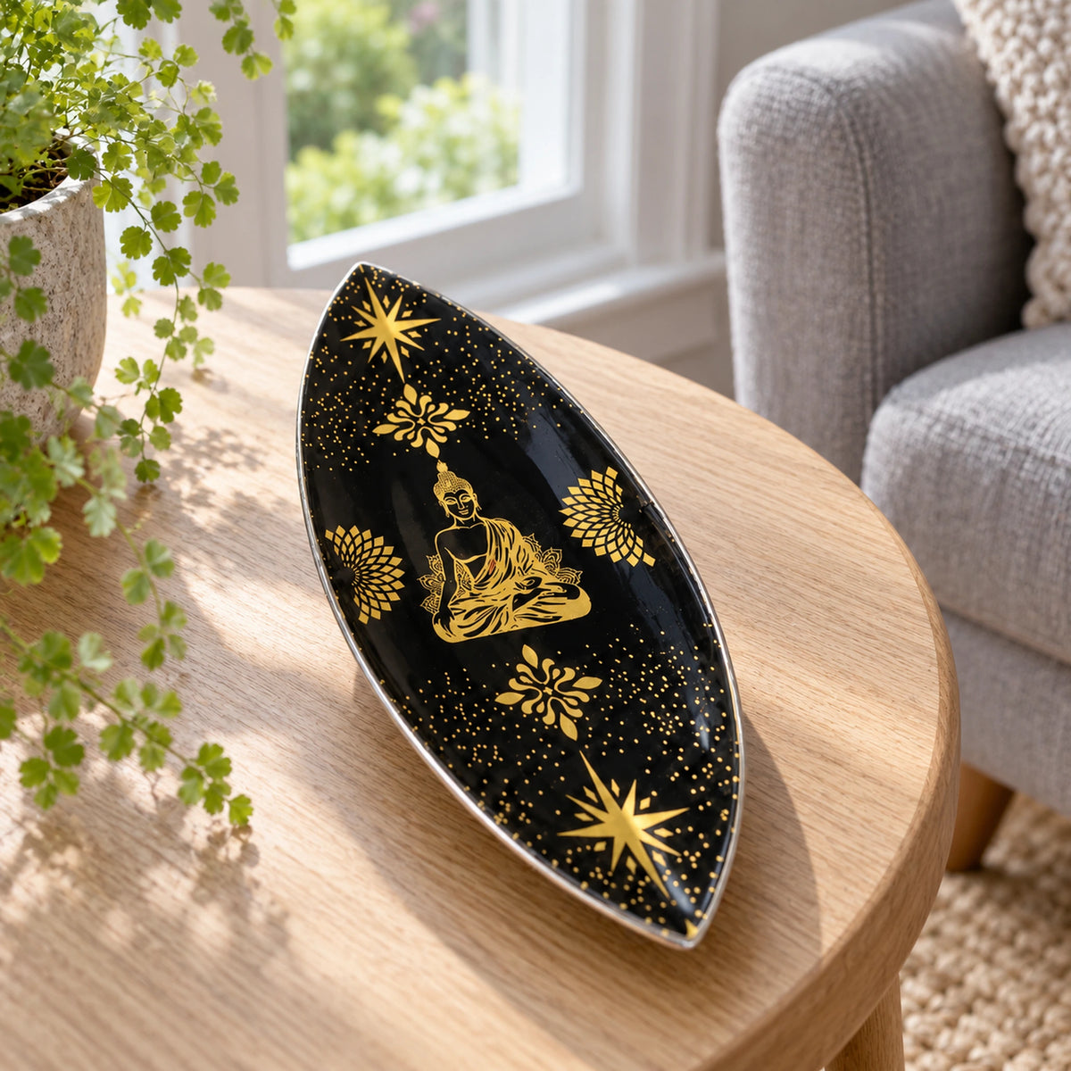 Enamel Incense Bowl - Polished Aluminium - Gold & Black Buddha in a bright British sitting room