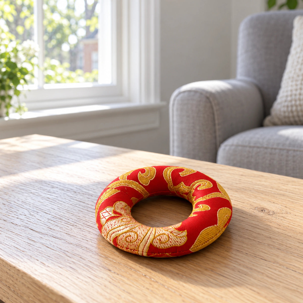 Singing Bowl Hoop Cushion - 8cm (Fits 10-12cm Bowls) - Red in a bright British sitting room
