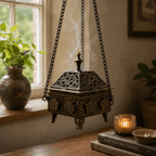 Brass Tibetan Burner - Eight Symbols Square Hanging Pot with intricate openwork design, suspended by chains and emitting fragrant smoke, set in a cozy, warm interior.