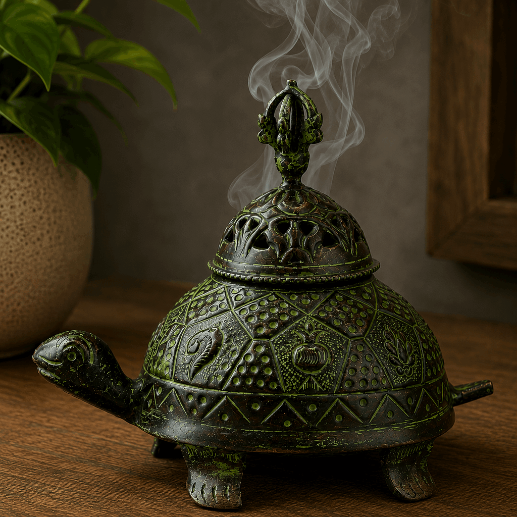 Brass Verdigris Tibetan Turtle Incense Holder - Large with intricate carvings and smoke rising from its decorative lid, creating a calming and spiritual ambiance.