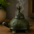 Brass Verdigris Tibetan Turtle Incense Holder - Large with intricate carvings and smoke rising from its decorative lid, creating a calming and spiritual ambiance.