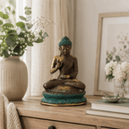 Elegant Large Sitting Solid Brass Buddha statue with a patina finish, displayed on a wooden surface with decorative flowers and books, enhancing peaceful home decor.