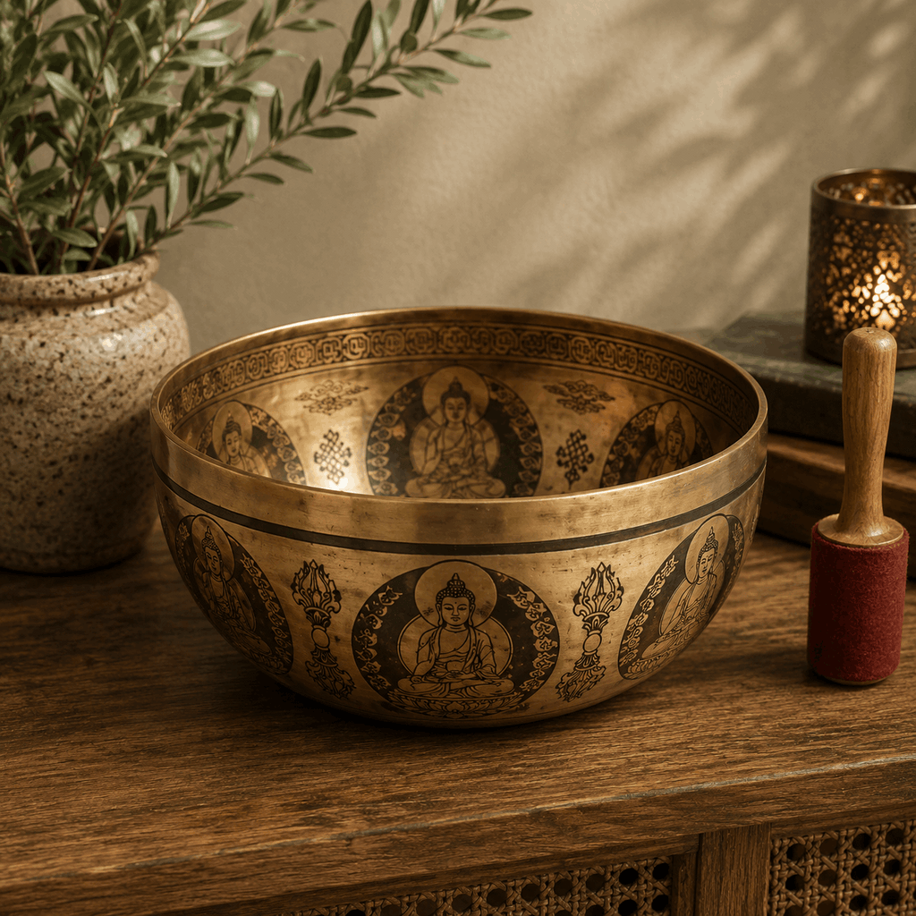 Tibetan Healing Engraved Bowl - 21cm - 5 Buddhas crafted from brass featuring detailed engraved Buddha figures, displayed on a wooden surface with natural light and decorative accents.