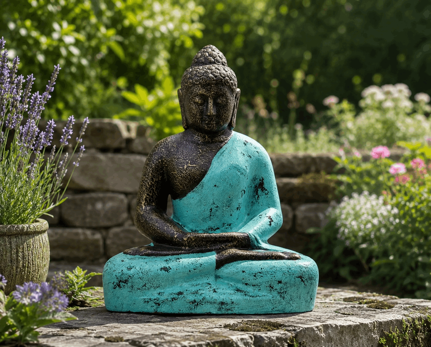 Medium Buddha Classic Turquoise & Stone - 0.5m statue seated in meditation pose with a turquoise robe finish, placed outdoors on a stone surface surrounded by greenery and flowers.