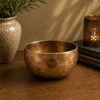 Small Nepalese Moon Bowl - (approx 550g) - 13cm made of brass with a subtle patina, featuring a carved symbol, displayed on a wooden surface with warm ambient lighting.