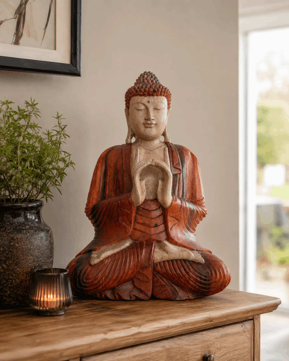 Hand Carved Buddha Statue - 60cm Two Hands seated in meditation pose on a wooden surface, featuring detailed craftsmanship in warm earthy tones, with a small plant and candle nearby.