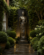 Tall Antique Gold Standing Buddha Statue - 3m Tall displayed in an outdoor garden setting, surrounded by lush greenery and soft warm lighting highlighting the intricate hand-carved details.