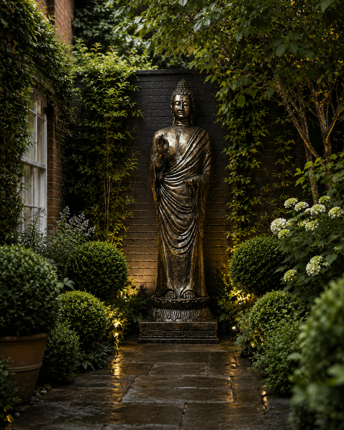 Tall Antique Gold Standing Buddha Statue - 3m Tall displayed in an outdoor garden setting, surrounded by lush greenery and soft warm lighting highlighting the intricate hand-carved details.
