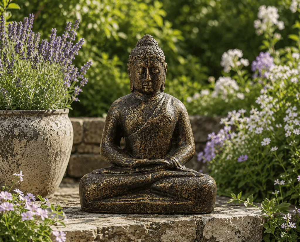 Medium Buddha Classic Antique Gold - 0.5m statue in antique gold finish, hand-carved resin Buddha statue seated in meditation pose, displayed outdoors surrounded by lush greenery and flowers.