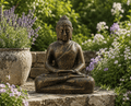 Medium Buddha Classic Antique Gold - 0.5m statue in antique gold finish, hand-carved resin Buddha statue seated in meditation pose, displayed outdoors surrounded by lush greenery and flowers.