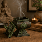 Brass Verdigris Tibetan Burner - Four Symbols Square Standing Pot with smoke rising, featuring intricate green patina patterns, set on a wooden surface near a lit candle and Buddha statue.
