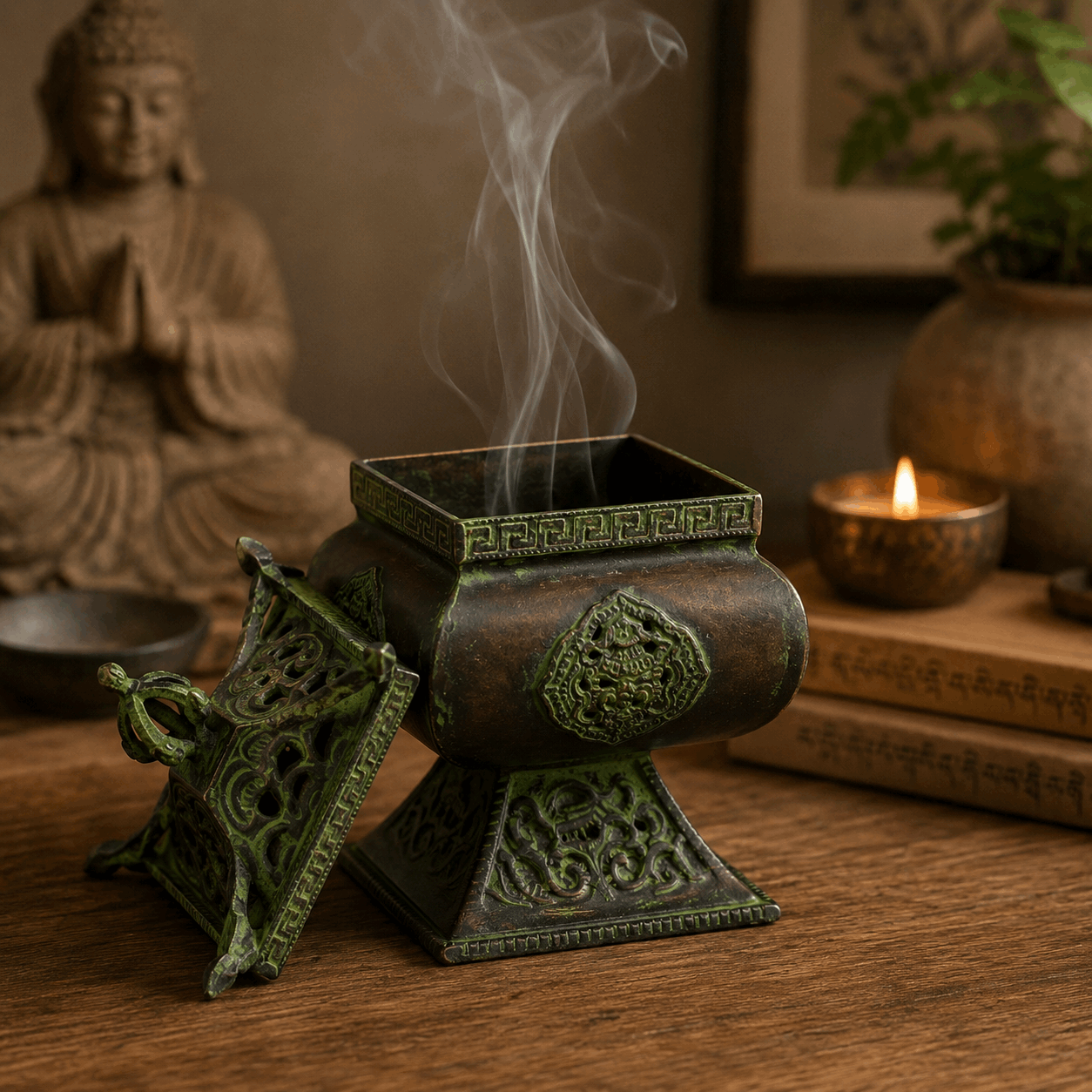 Brass Verdigris Tibetan Burner - Four Symbols Square Standing Pot with smoke rising, featuring intricate green patina patterns, set on a wooden surface near a lit candle and Buddha statue.