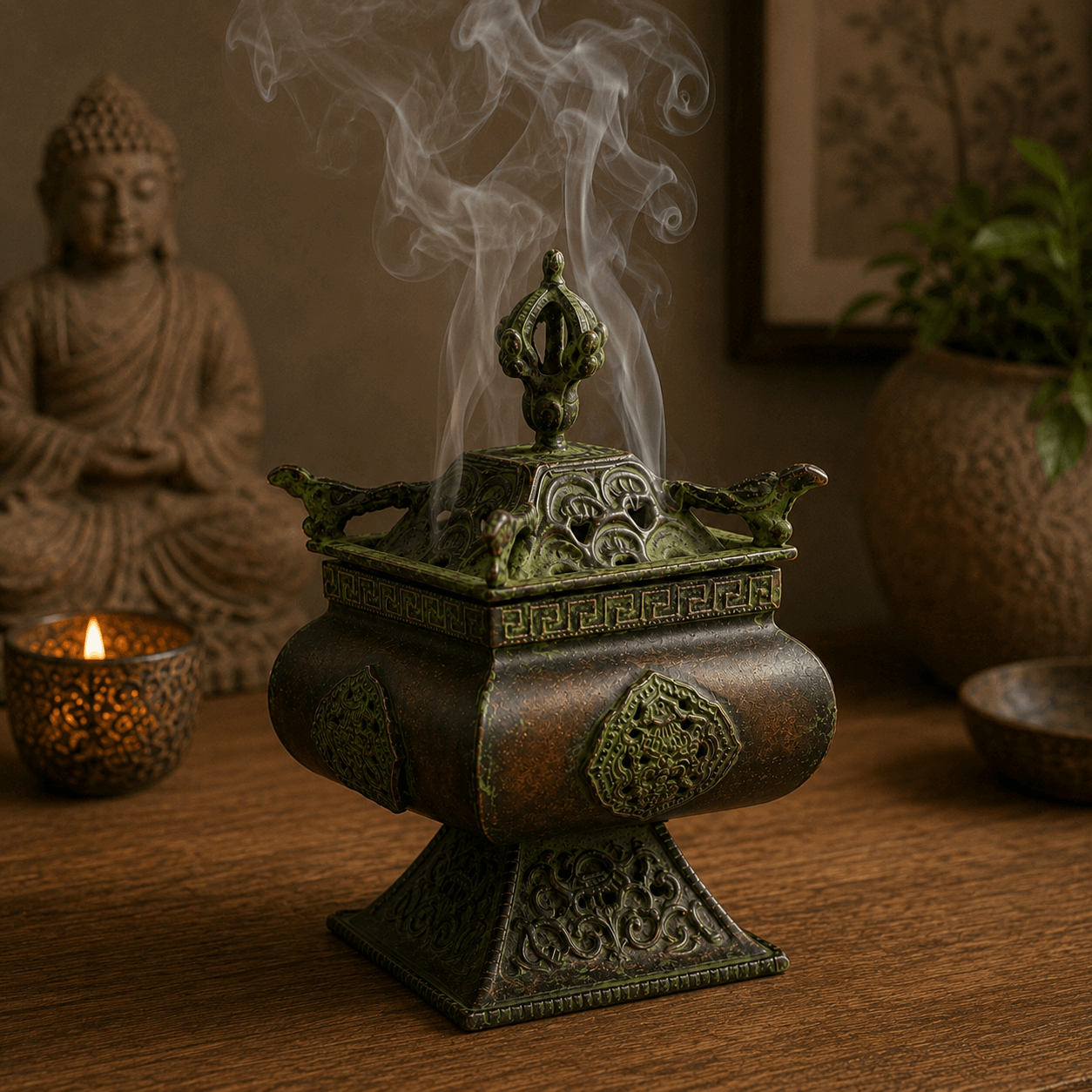 Brass Verdigris Tibetan Burner - Four Symbols Square Standing Pot emitting fragrant smoke, with a meditative Buddha statue and warm candlelight in the background for serene decor.