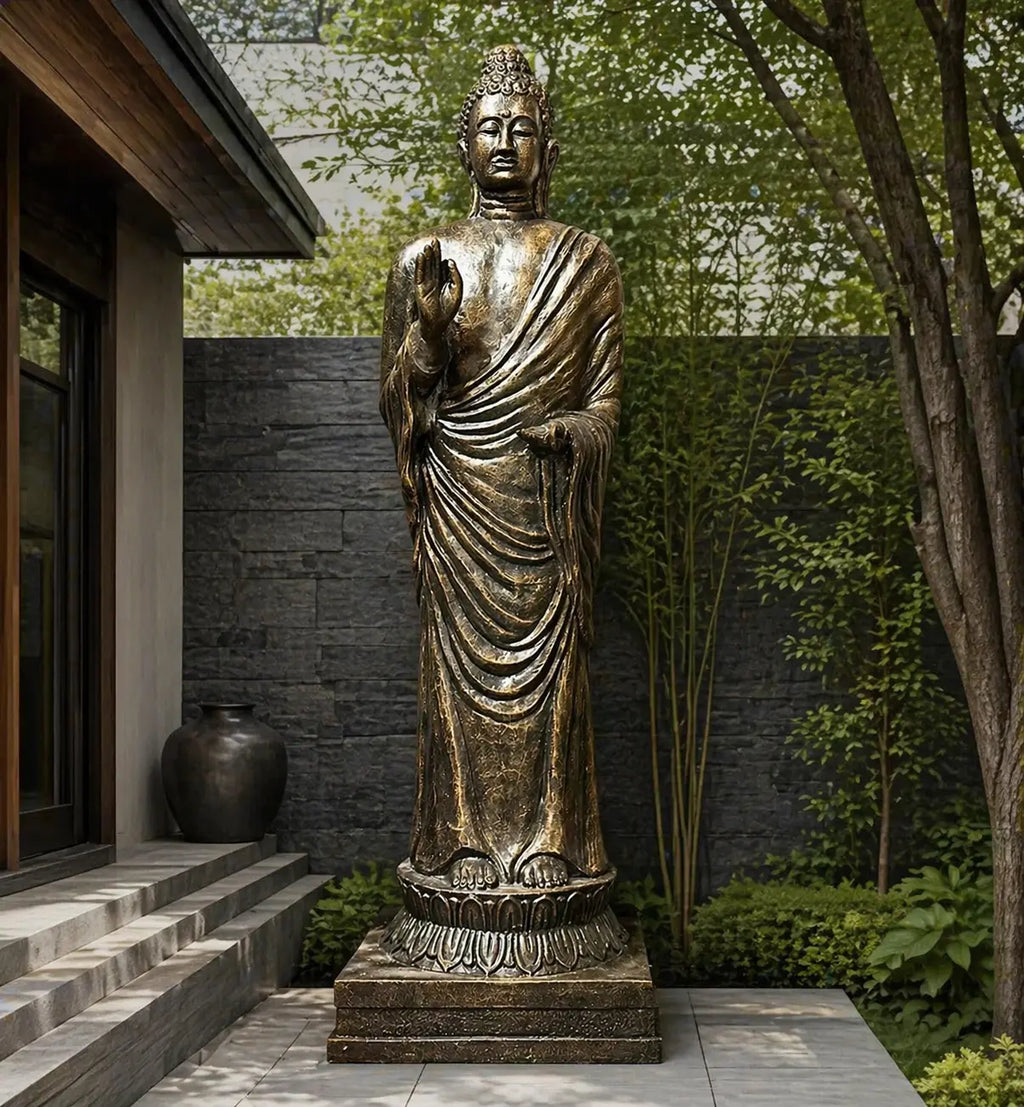 Tall Antique Gold Standing Buddha Statue - 3m Tall displayed outdoors, showing intricate draped robes and serene expression, ideal for spiritual and decorative garden settings.
