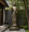Tall Antique Gold Standing Buddha Statue - 3m Tall displayed outdoors, showing intricate draped robes and serene expression, ideal for spiritual and decorative garden settings.