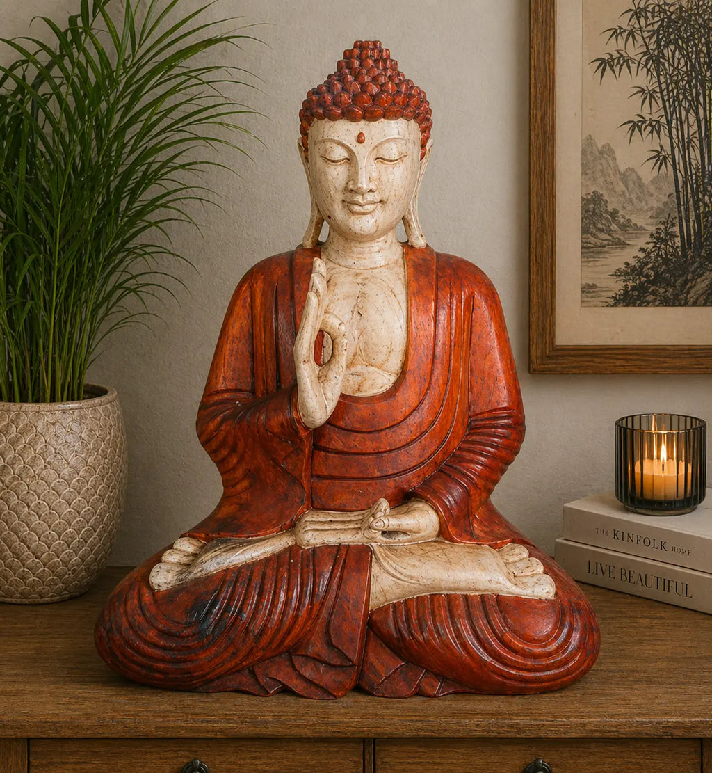 Hand Carved Buddha Statue - 60cm Teaching Transmission made of wood with a red and natural finish, depicting Buddha seated in meditation pose with a serene expression in a peaceful room setting.