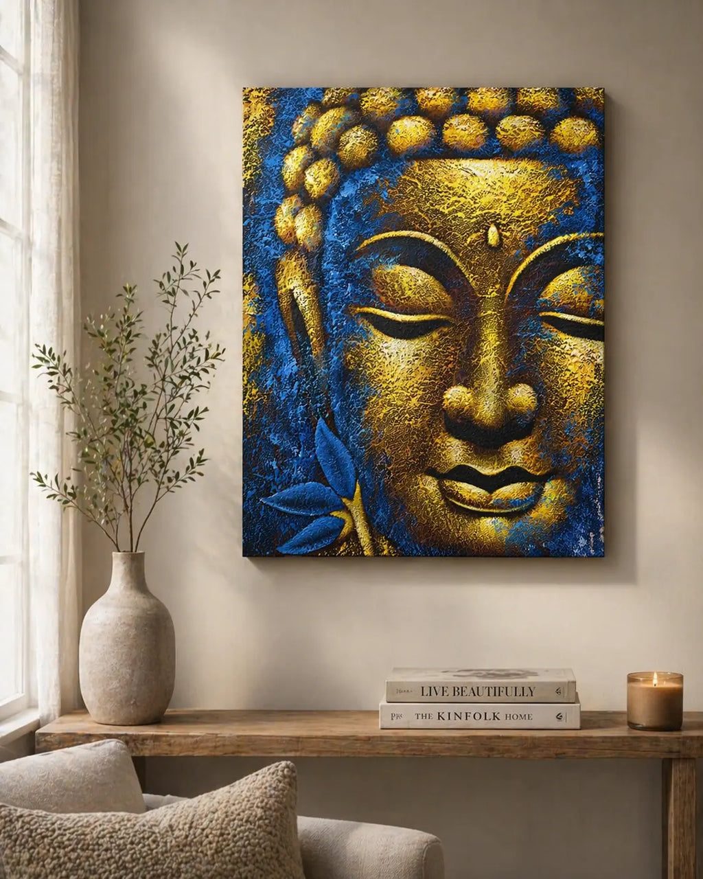 Buddha Painting - Gold Face & Lotus Flower featuring a textured close-up of a serene Buddha face with golden and deep blue accents, displayed on a neutral wall above wooden furniture.