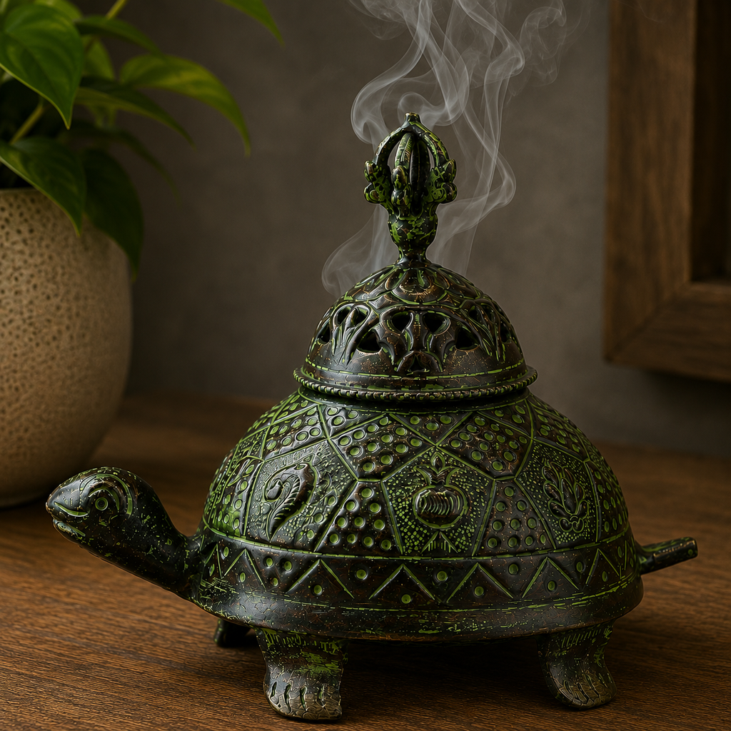 Brass Verdigris Tibetan Turtle Incense Holder - Large