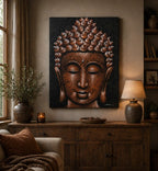 Buddha Painting - Copper Brocade Detail hung above a wooden sideboard in a cozy room with warm lighting, a lit candle, and rustic decor accents.
