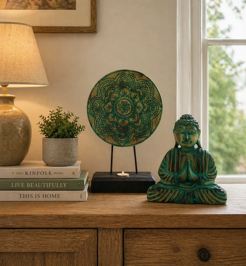 Buddha Feng Shui Set - Buddha Knot - Green featuring a green Buddha statue in meditation pose alongside a decorative Buddha knot mandala on a wooden surface with natural light from a window.