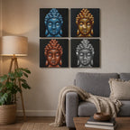 Set of 4 Buddha Heads Sand Detail 30x30cm wall art featuring serene Buddha faces in blue, gold, bronze, and silver tones, displayed above a cozy living room sofa.