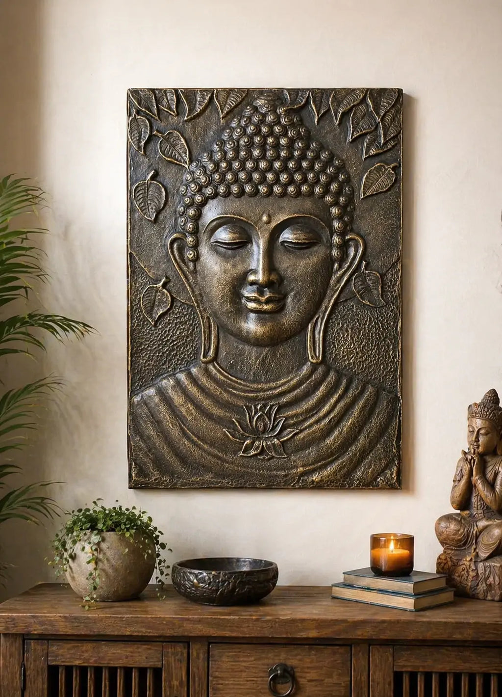 Large Buddha Iron Frame Antique Gold Relief - 0.7x1m wall hanging depicting a serene Buddha face surrounded by embossed leaves, displayed above a wooden console with decor accents.