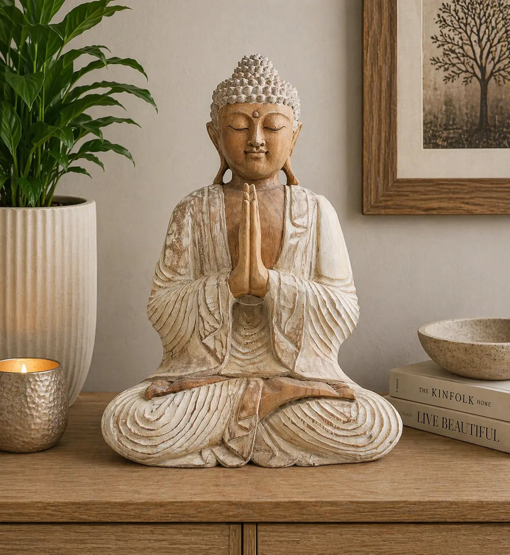 Buddha Statue Whitewash - 40cm Welcome sitting in meditation pose with hands in prayer, displayed on a wooden surface with a plant, candle, and framed artwork in the background, perfect for calming Buddha decor.
