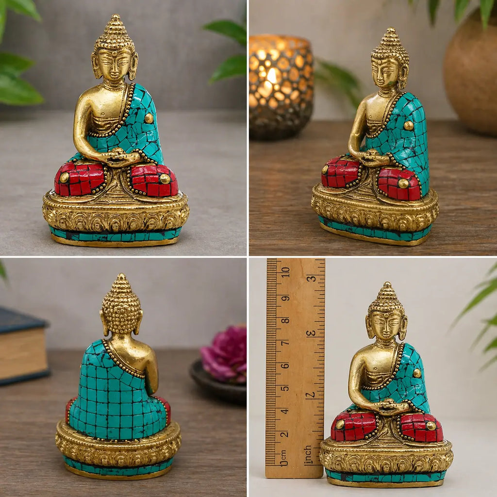 Brass Buddha Figure - Amitabha - 9.5 cm sitting in meditation posture with turquoise and red mosaic accents on a decorative golden base, shown from multiple angles.