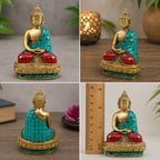 Brass Buddha Figure - Amitabha - 9.5 cm showing a detailed seated statue with turquoise and red inlay on a decorative gold base, depicted from multiple angles including front, side, and back views.