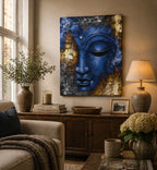 Buddha Painting - Blue Face Abstract hanging on a warm-toned living room wall above a wooden sideboard with decorative items, creating a calming and artistic ambiance.
