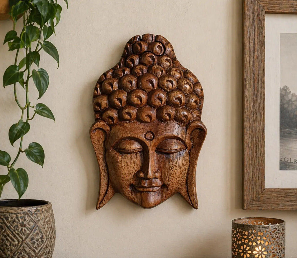 Bali Magic Box - Buddha Head hand carved wooden Buddha wall hanging with serene expression, displayed on a neutral wall near indoor plants and decorative accents.