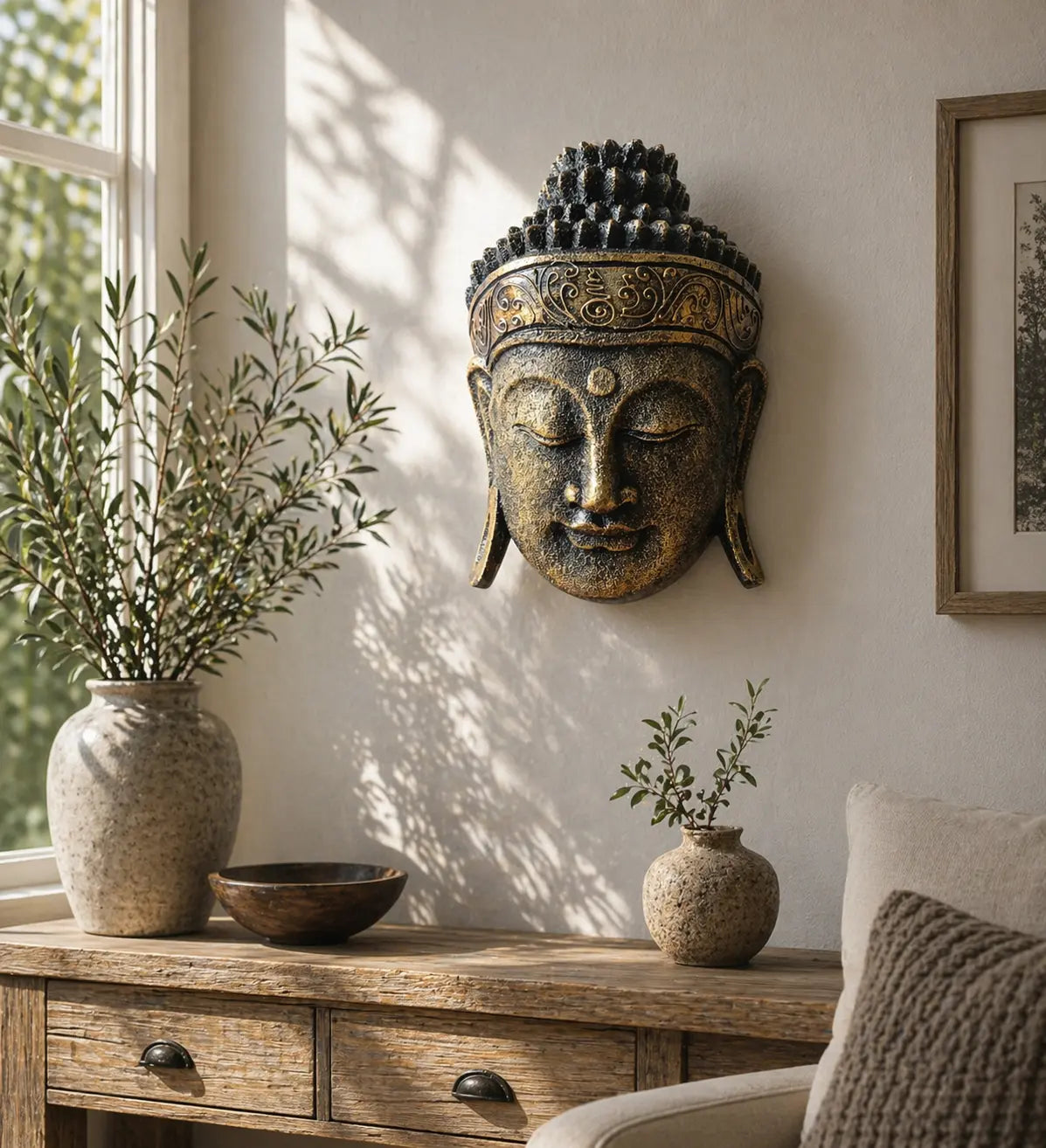 Home Decoration Buddha Head - 25cm - Gold Shine Finish mounted on a sunlit living room wall above a wooden console table with decorative pottery and plants.