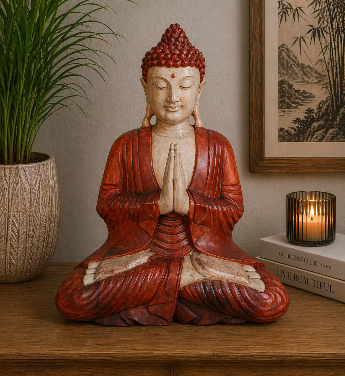 Hand Carved Buddha Statue - 40cm Welcome seated in a meditative pose with hands in prayer, featuring a red and cream finish, placed on a wooden surface beside a plant and candle.