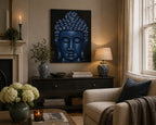 A serene and elegant living room featuring the Buddha Painting - Blue Sand Finish displayed above a dark wooden sideboard, complemented by blue and white pottery and soft ambient lighting.
