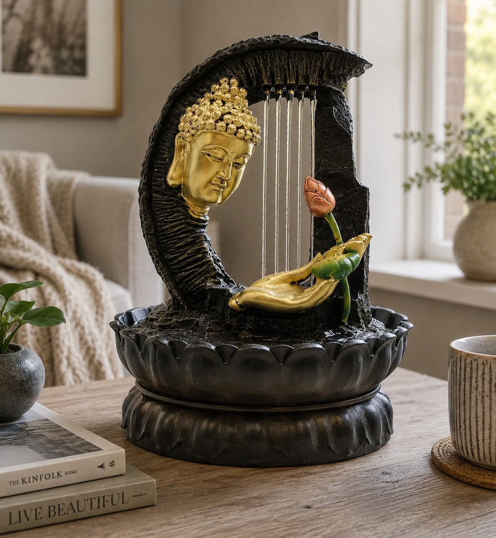 Tabletop Water Feature - 30cm - Golden Buddha & Lotus