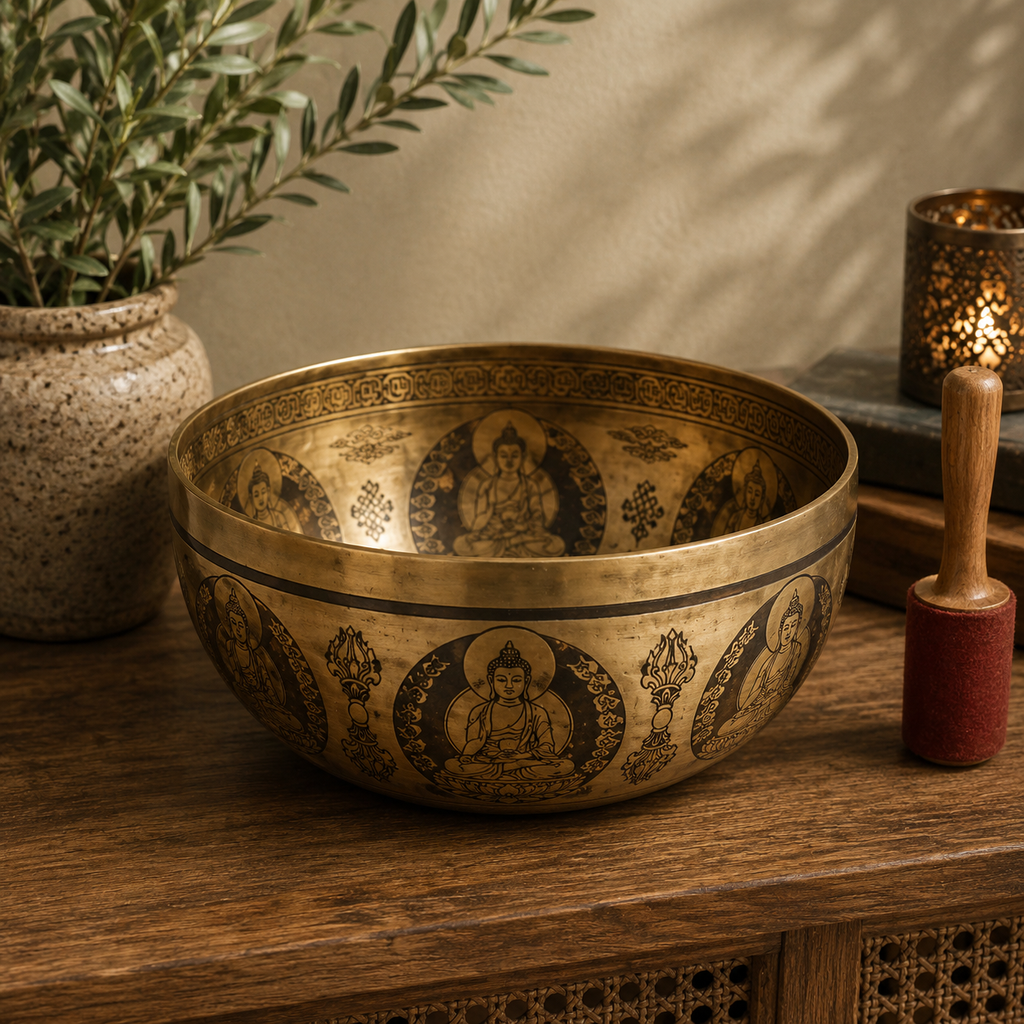 Tibetan Healing Engraved Bowl - 21cm - 5 Buddhas