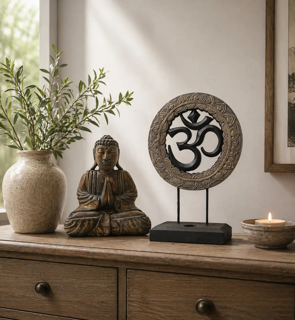 Decorative Buddha Feng Shui Set - Om - Grey & Black displayed on wooden surface with a rustic vase with greenery and a lit tealight candle for serene home decor.