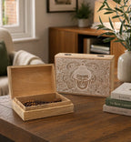 Big Rectangle Box 21.5x14x6.3cm - Buddha Face Whitewash with detailed Buddha head design carved on the front, displayed on a wooden table in a cozy living space.