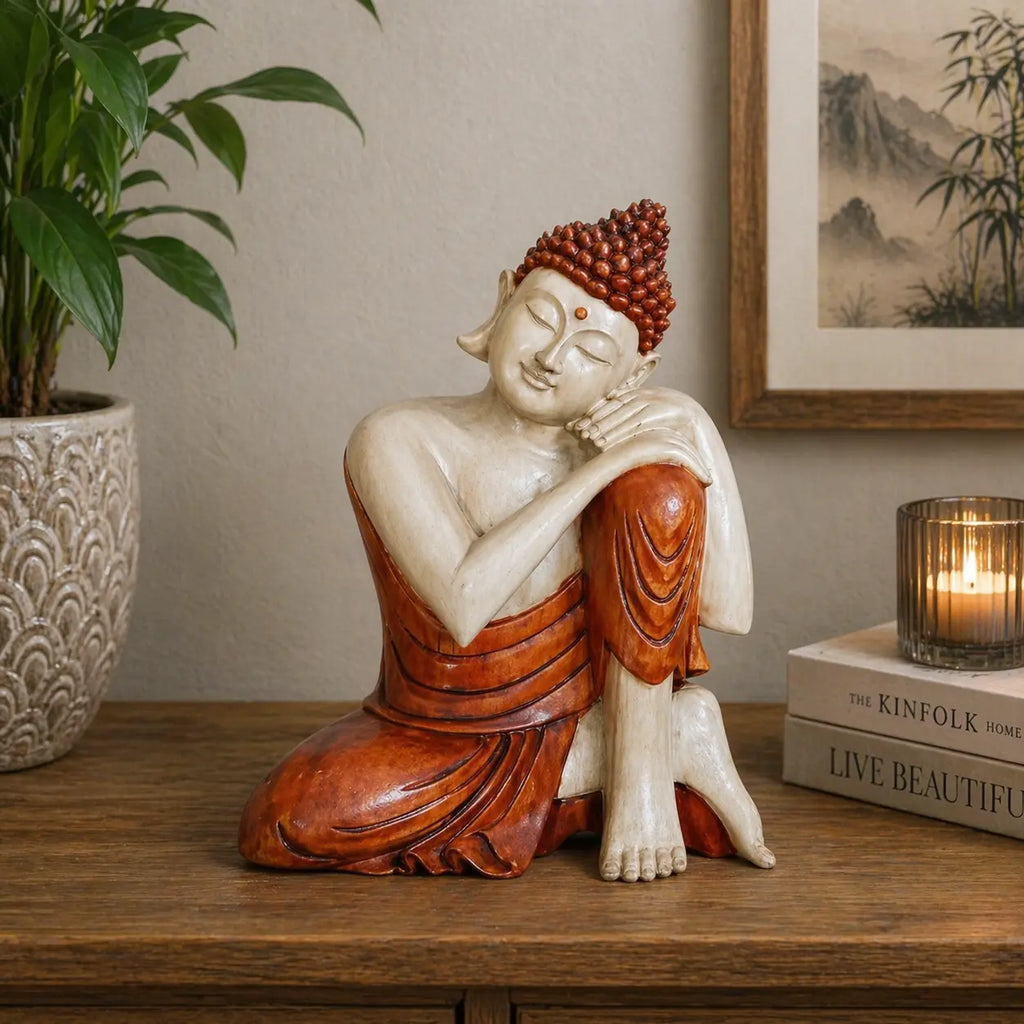 Hand Carved Buddha Statue - 25cm Thinking in warm earthy tones sitting thoughtfully on a wooden surface beside a lit candle and decorative books, creating a peaceful atmosphere.