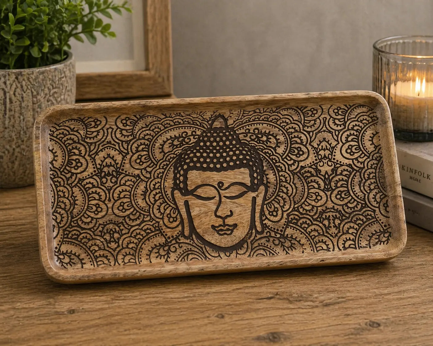 Long Tray 30x15x2.5cm - Buddha Face Black Engraved wooden tray featuring an intricate hand-carved Buddha face and decorative patterns, ideal for Buddha decor and incense plates.