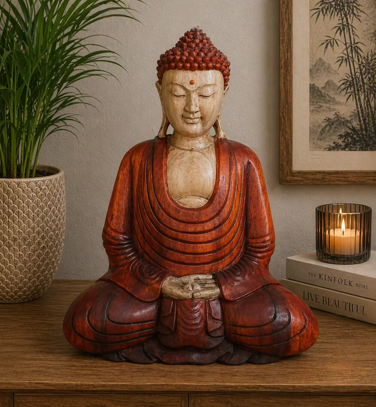 Hand Carved Buddha Statue - 40cm Hand Down sitting peacefully with a serene expression, detailed wooden texture, displayed on a wooden surface with indoor plant and candle decor.